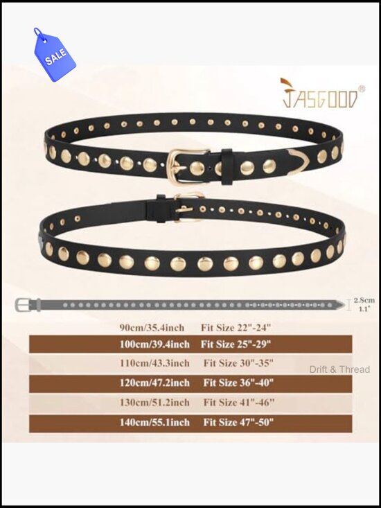 Punk Studded Fashion Belt for Jeans Pants Dresses PU Leather with Gold Buckle